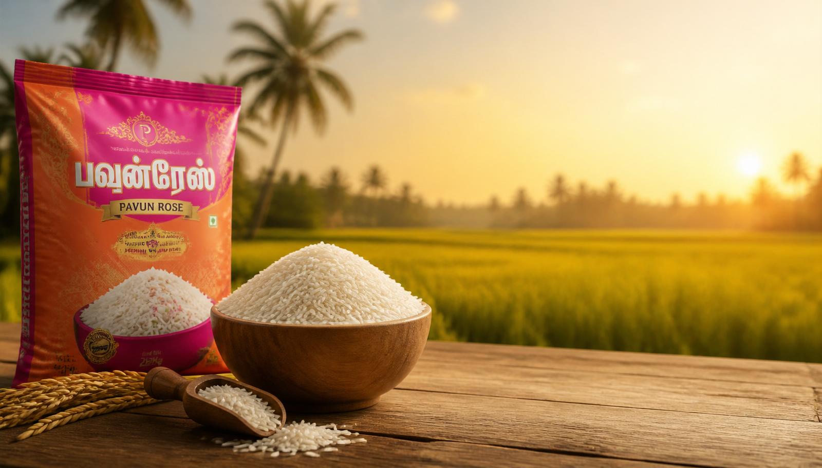 Pavun Rose pack with a bowl of long slender rice against golden paddy fields